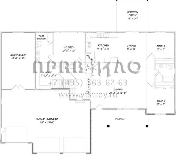 Проект одноэтажного дома с гаражом на три и более машин в стиле Ранчо S5-184 (5678-00005)
