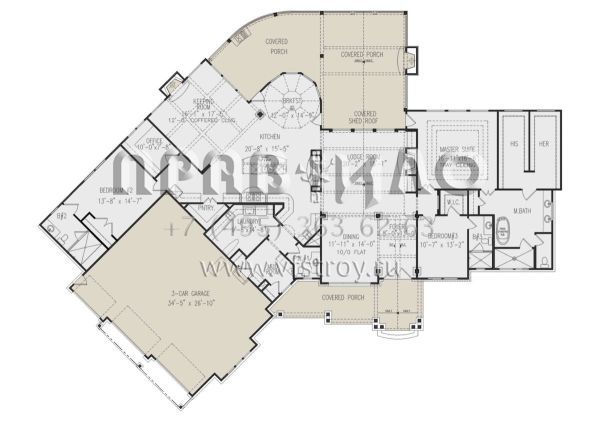 Проект одноэтажного дома с гаражом на три и более машин в американском стиле S5-319 (699-00358)