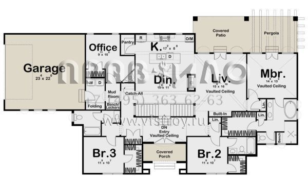 Проект одноэтажного дома с гаражом на две машины в прибрежном стиле S5-204 (963-00727)