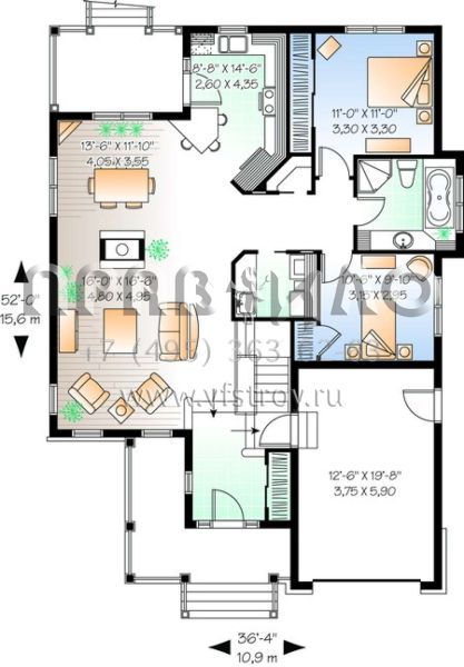Проект одноэтажного дома с гаражом на одну машину в английском стиле S5-119 (034-00649)