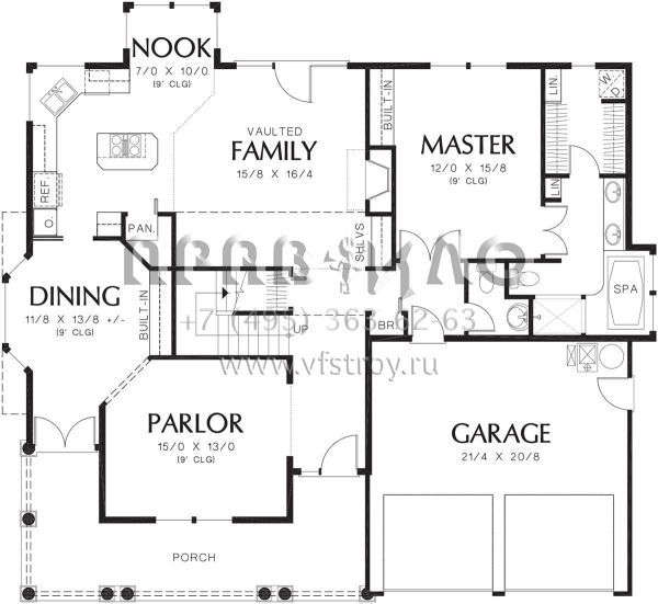 Проект двухэтажного дома с гаражом на две машины в стиле Ранчо S5-214 (2559-00479)