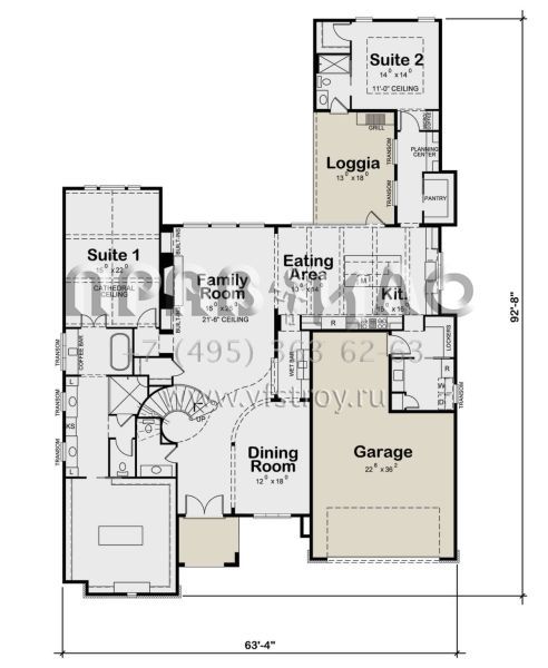 Проект двухэтажного дома с гаражом на три и более машин в стиле Ранчо S5-482 (402-01787)