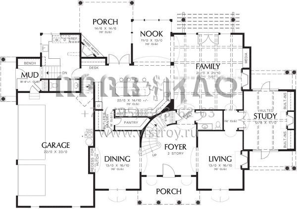 Проект двухэтажного дома с гаражом на три и более машин в стиле Ранчо S5-479 (2559-00589)