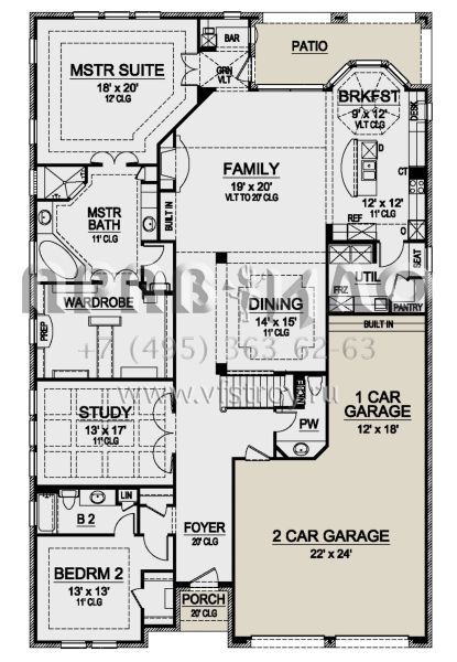Проект двухэтажного дома с гаражом на три и более машин в стиле Ранчо S5-325 (5445-00414)