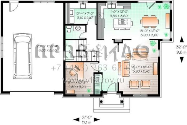 Проект двухэтажного дома с гаражом на две машины в стиле Ранчо S5-239 (034-00761)