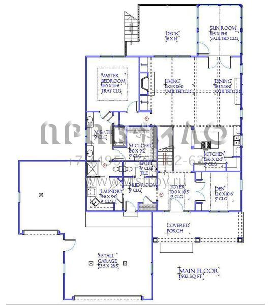 Проект одноэтажного дома с гаражом на три и более машин в стиле Ранчо S5-281 (1637-00139)