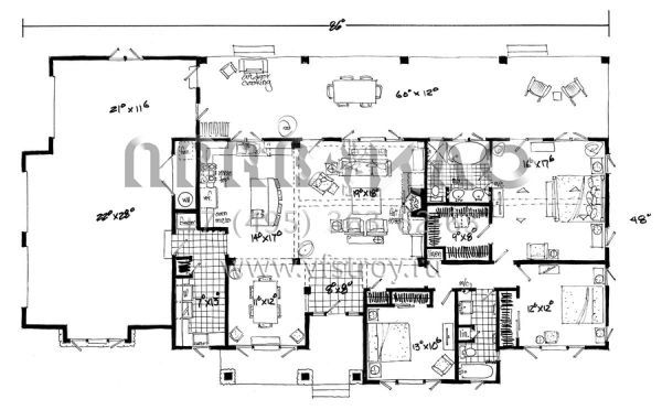 Проект одноэтажного дома с гаражом на три и более машин в стиле Ранчо S5-186 (1907-00010)