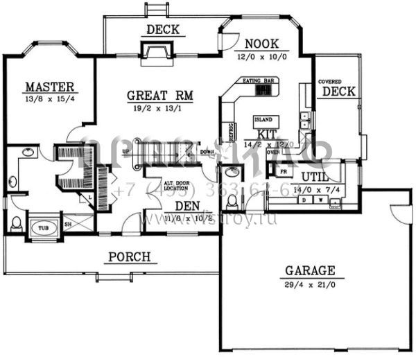 Проект двухэтажного дома с гаражом на три и более машин в стиле Ранчо S5-233 (692-00129)