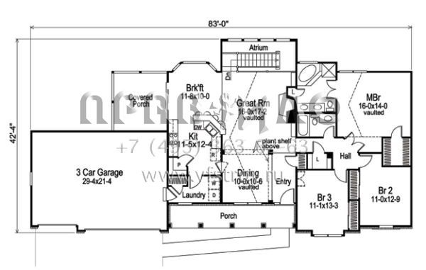 Проект одноэтажного дома с гаражом на три и более машин в стиле Ранчо S5-171 (5633-00034)