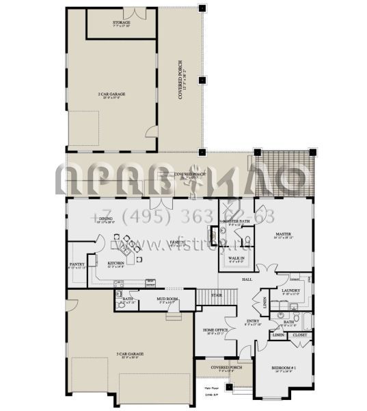 Проект одноэтажного дома с гаражом на три и более машин в стиле Ранчо S5-227 (2802-00040)