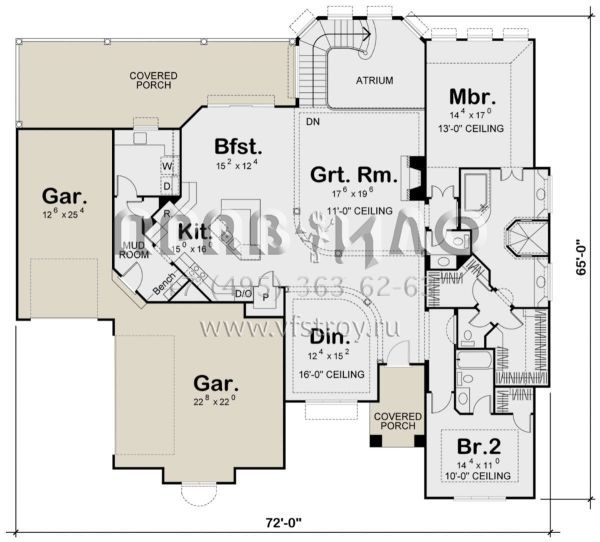 Проект одноэтажного дома с гаражом на три и более машин в прибрежном стиле S5-231 (963-00126)