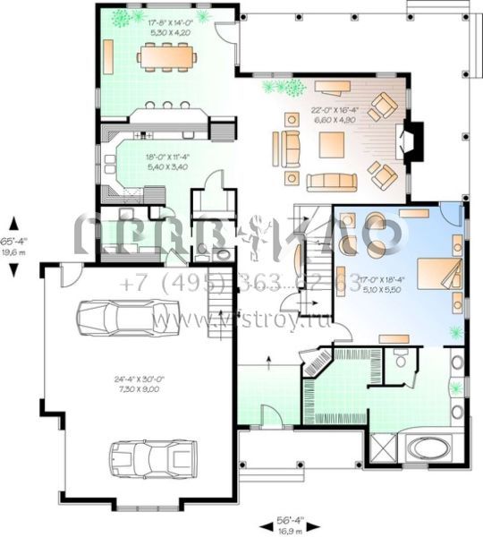 Проект двухэтажного дома с гаражом на две машины в стиле Ранчо S5-287 (034-00402)