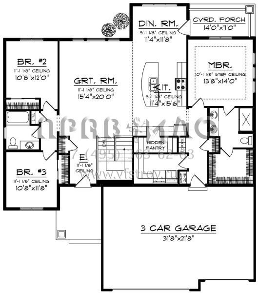 Проект одноэтажного дома с гаражом на три и более машин в американском стиле S5-167 (1020-00122)
