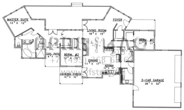 Проект одноэтажного дома с гаражом на три и более машин в стиле Ранчо S5-193 (039-00331)