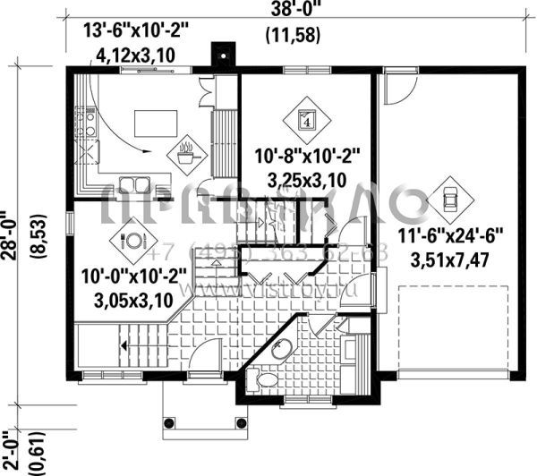 Проект двухэтажного дома с гаражом на одну машину в стиле Ранчо S5-191 (6146-00070)