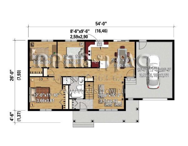 Проект одноэтажного дома с гаражом на одну машину в стиле Ранчо S5-92 (6146-00580)