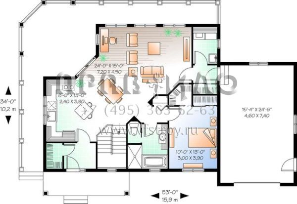 Проект одноэтажного дома с гаражом на одну машину в стиле Ранчо S5-192 (034-01041)