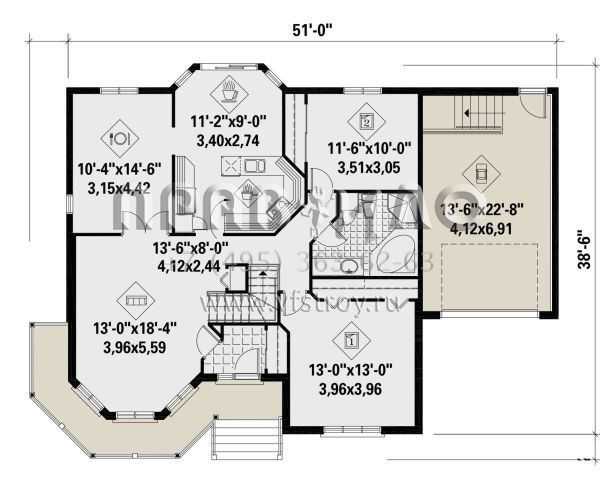 Проект одноэтажного дома с гаражом на одну машину в английском стиле S5-118 (6146-00415)