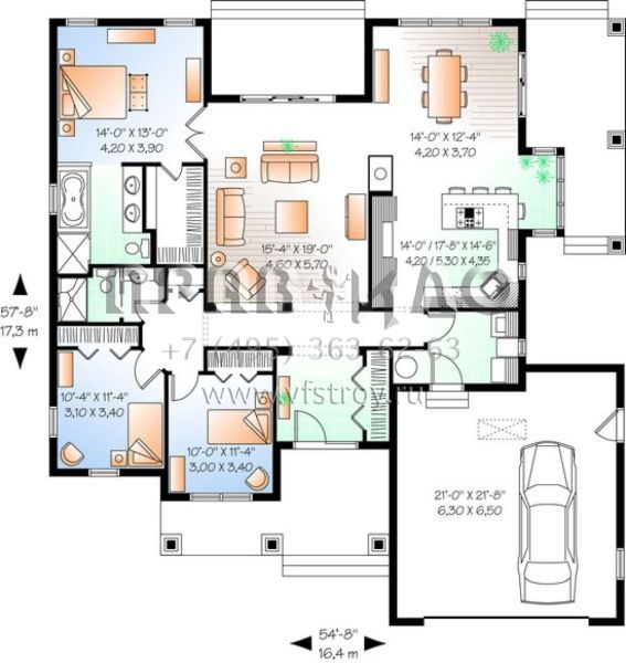 Проект одноэтажного дома с гаражом на две машины в стиле Ранчо S5-166 (034-00972)