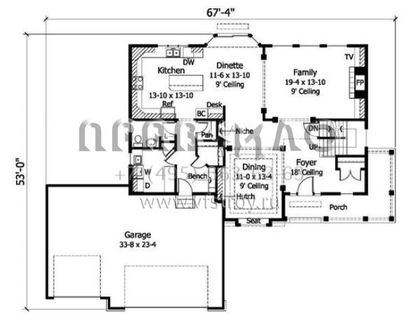 Проект двухэтажного дома с гаражом на три и более машин в стиле Ранчо S5-262 (098-00037)