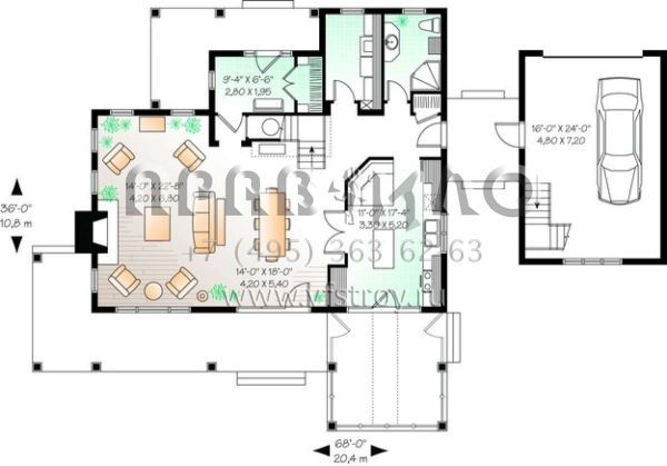 Проект двухэтажного дома с гаражом на одну машину в стиле Ранчо S5-222 (034-00825)