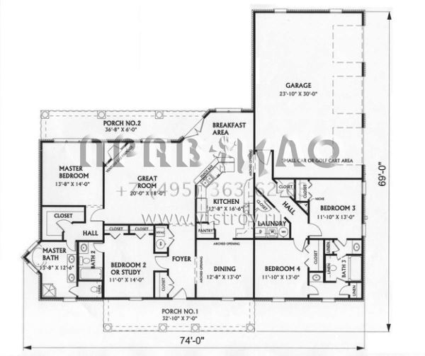 Проект одноэтажного дома с гаражом на три и более машин в стиле Ранчо S5-213 (1776-00064)