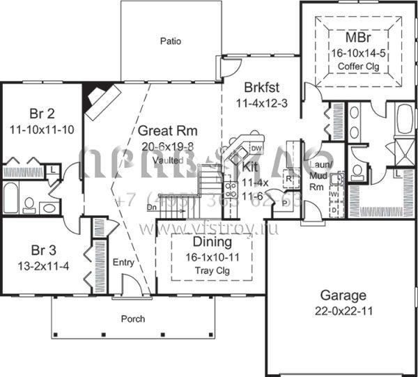 Проект одноэтажного дома с гаражом на две машины в стиле Ранчо S5-185 (5633-00265)