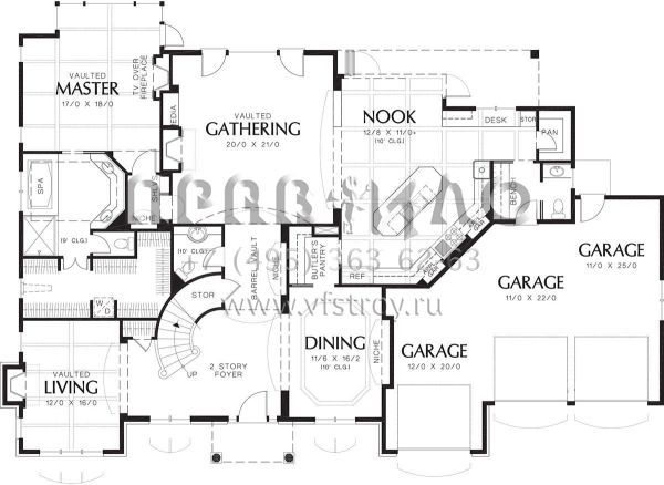 Проект двухэтажного дома с гаражом на три и более машин в стиле Ранчо S5-378 (2559-00583)
