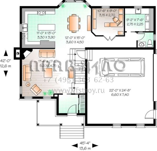 Проект двухэтажного дома с гаражом на две машины в стиле Ранчо S5-252 (034-00989)