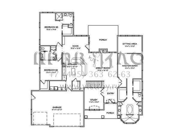 Проект одноэтажного дома с гаражом на три и более машин в стиле Ранчо S5-248 (849-00043)
