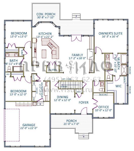 Проект одноэтажного дома с гаражом на две машины в стиле Ранчо S5-241 (6849-00043)