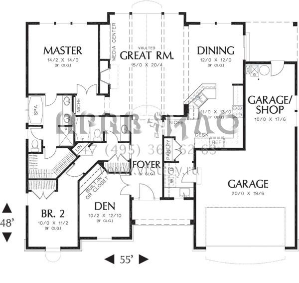 Проект одноэтажного дома с гаражом на три и более машин в стиле Ранчо S5-161 (2559-00084)
