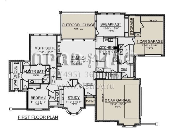 Проект двухэтажного дома с гаражом на три и более машин в стиле Ранчо S5-280 (5445-00508)