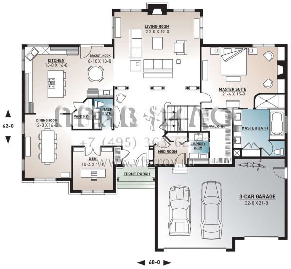 Проект двухэтажного дома с гаражом на три и более машин в стиле Ранчо S5-345 (034-00406)