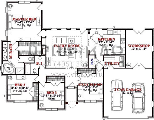 Проект одноэтажного дома с гаражом на три и более машин в стиле Ранчо S5-175 (1070-00033)