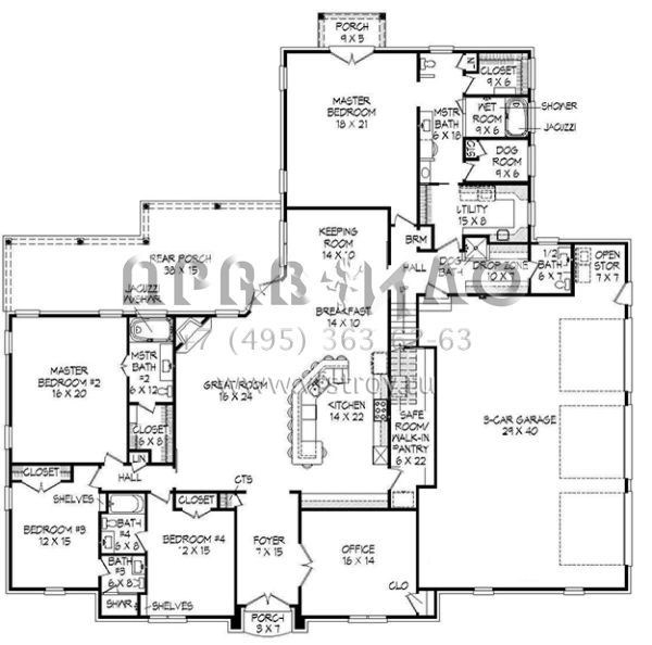 Проект двухэтажного дома с гаражом на три и более машин в стиле Ранчо S5-428 (940-00027)