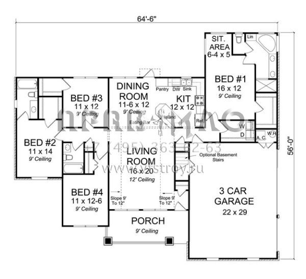 Проект одноэтажного дома с гаражом на три и более машин в стиле Ранчо S5-174 (4848-00028)