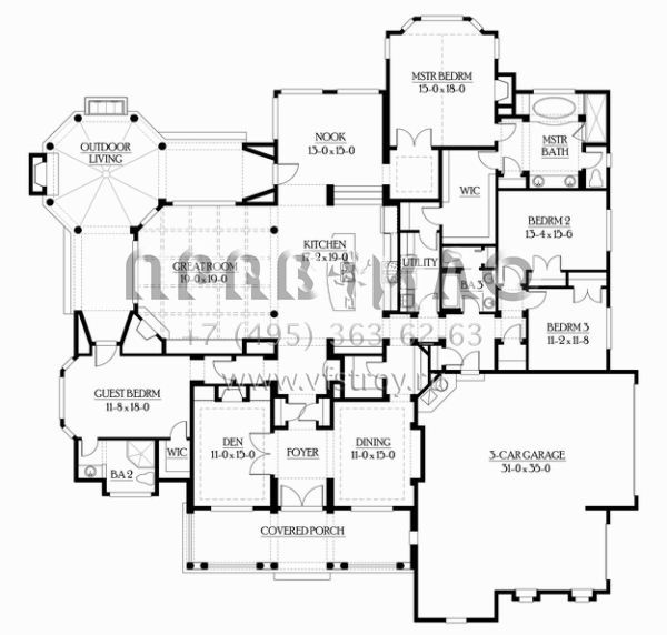 Проект одноэтажного дома с гаражом на три и более машин в стиле Ранчо S5-325 (341-00031)