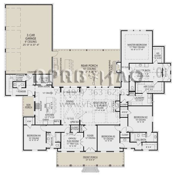 Проект одноэтажного дома с гаражом на три и более машин в стиле Ранчо S5-325 (4534-00074)