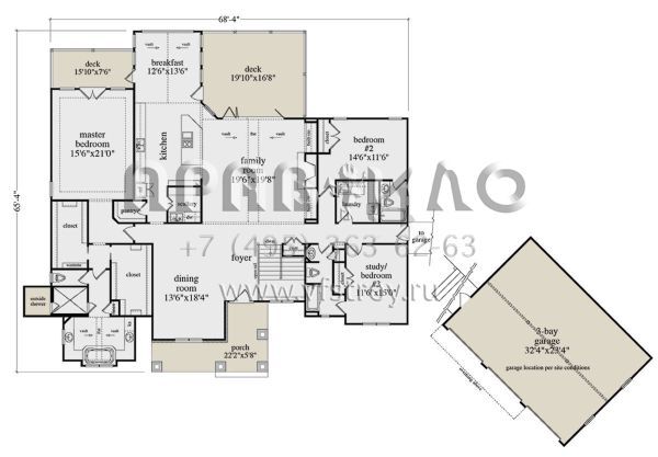 Проект одноэтажного дома с гаражом на три и более машин в стиле Шале S5-275 (957-00089)