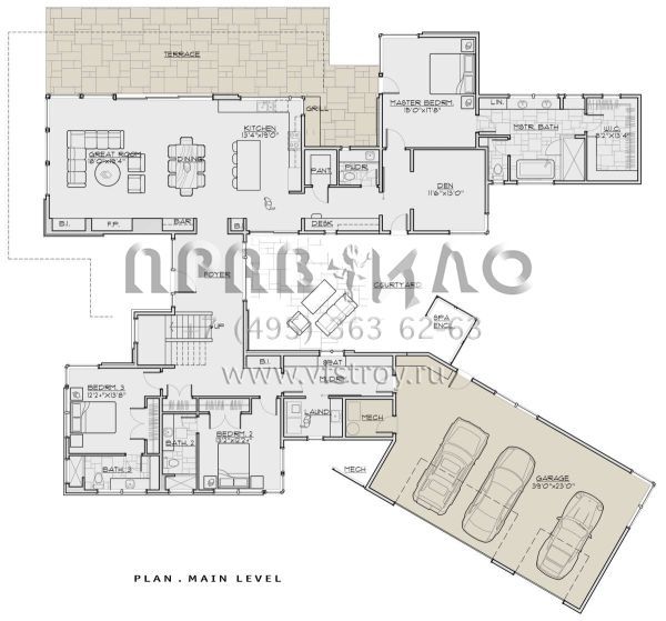 Проект дома хай-тек сложной конфигурации с гаражом на три машины  S5-356 (5829-00031)