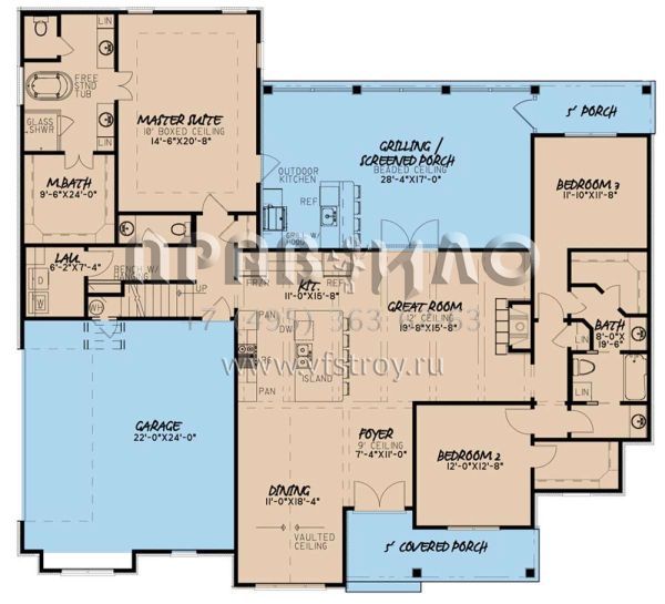 Проект одноэтажного дома с гаражом на две машины в стиле Ранчо S5-204 (8318-00122)