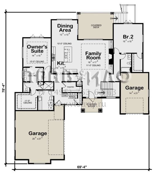 Проект одноэтажного дома с гаражом на три и более машин в прибрежном стиле S5-207 (402-01621)