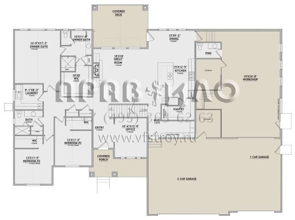 Проект двухэтажного дома с гаражом на три и более машин в стиле Ранчо S5-305 (8768-00065)