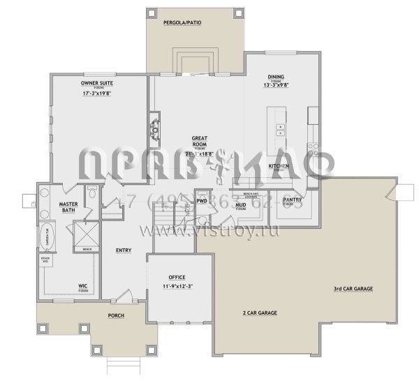 Проект двухэтажного дома с гаражом на три и более машин в стиле Ранчо S5-290 (8768-00021)