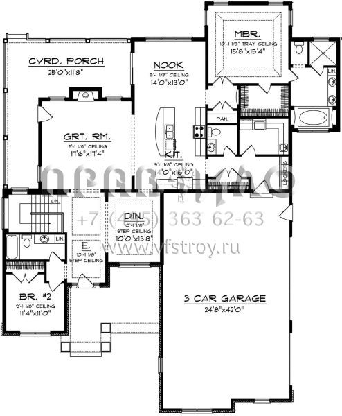 Проект одноэтажного дома с гаражом на три и более машин в американском стиле S5-203 (1020-00209)