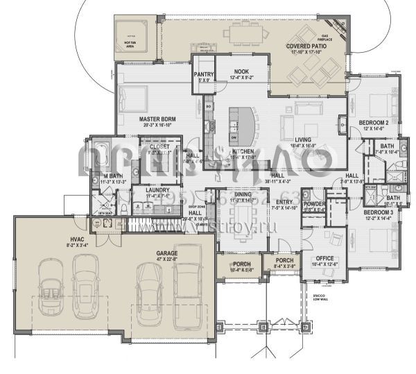 Проект одноэтажного дома с гаражом на три и более машин в стиле Ранчо S5-287 (425-00009)