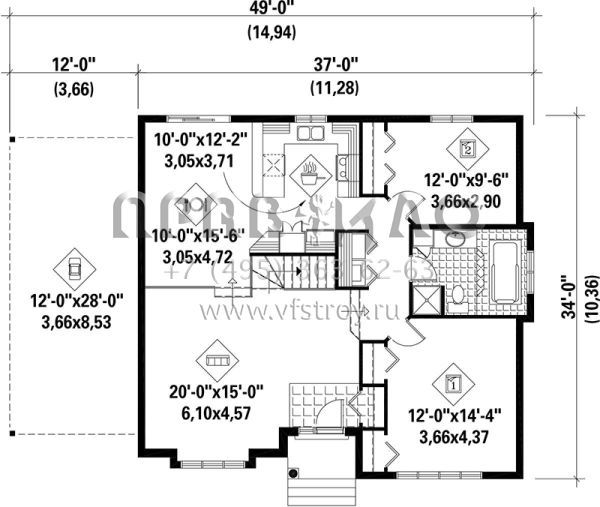 Проект одноэтажного дома с гаражом на одну машину в стиле Ранчо S5-110 (6146-00085)