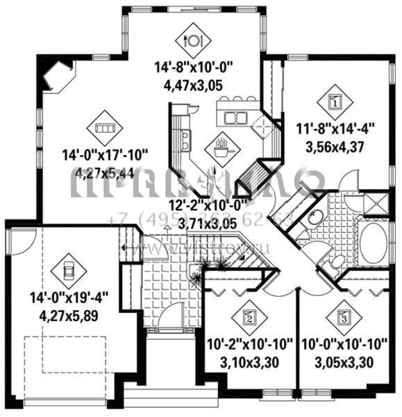 Проект одноэтажного дома с гаражом на одну машину в стиле Ранчо S5-124 (6146-00302)