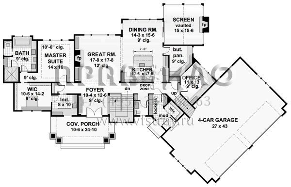 Проект одноэтажного дома с гаражом на три и более машин в стиле Шале S5-411 (098-00288)
